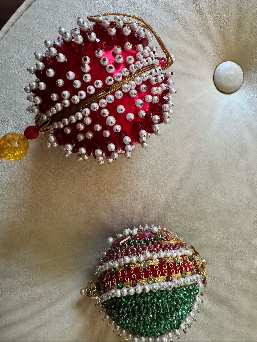 2 Vintage push pins Handcrafted Red and Green Pearl-Embellished Ornament